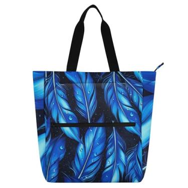 Imagem de GAIGEO Sacola feminina preta de penas azuis vibrantes para trabalho, bolsa escolar com zíper, de tecido, para amantes de livros