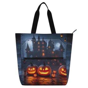 Imagem de GAIGEO Bolsa de trabalho feminina com luzes de Halloween Castle Pumpkins, bolsa escolar, bolsa para professores com compartimentos