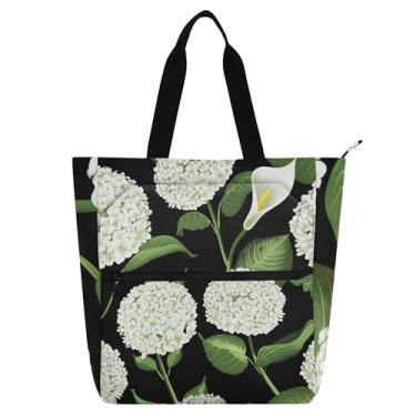 Imagem de GAIGEO Sacola branca com estampa de flores de hortênsia para mulheres e crianças com zíper, média, reutilizável, bolsa de trabalho escolar