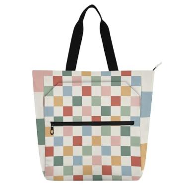 Imagem de GAIGEO Sacolas femininas de trabalho retrô de xadrez arco-íris para escola, bolsa carteiro, carteiro, amantes de livros