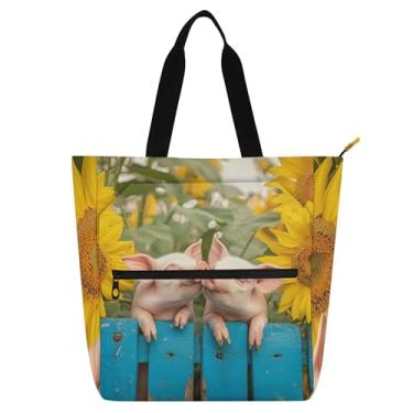 Imagem de Cute Pig Kiss Girassol Bolsa de Trabalho Feminina Lona Praia Livro Bolsa com Zíper Utilitário Bolsas Infantis Presente para Amantes de Livros