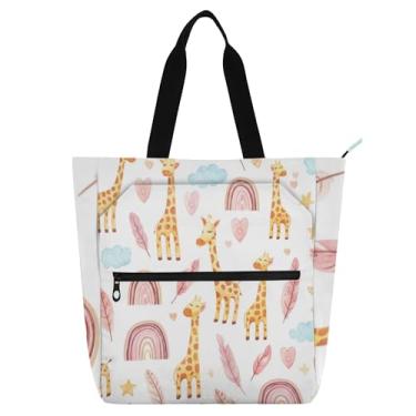 Imagem de GAIGEO Linda bolsa de trabalho branca de girafas de desenho animado para mulheres, bolsa escolar de lona com zíper, bolsa infantil fofa com compartimentos