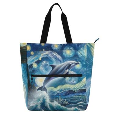 Imagem de Dolphin Starry Night Blue Tote feminina bolsa de trabalho lona faculdade escola bolsas bolsas professores amantes de livros presentes