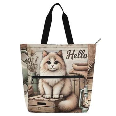 Imagem de GAIGEO Farmhouse Sacola feminina de trabalho bege gato fofo bolsa de lona praia livro bolsa utilitária com zíper bolsa infantil com compartimentos