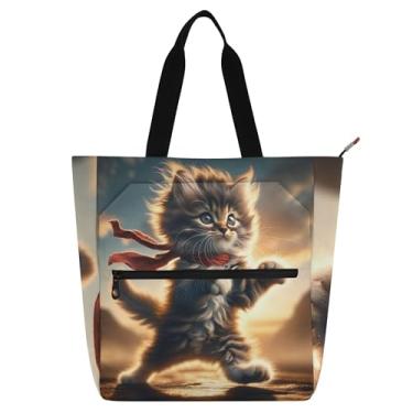 Imagem de GAIGEO Sacolas femininas divertidas de trabalho de gato Kung Fu para mulheres, bolsa de lona, praia, livros, bolsa com zíper, utilitária, para crianças, amantes de livros