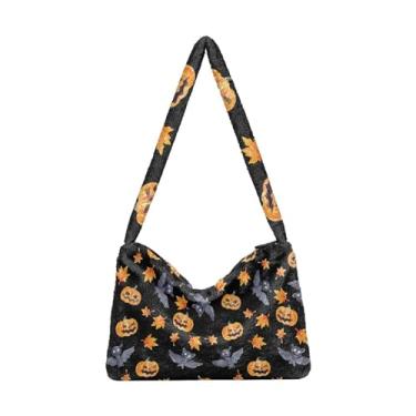 Imagem de Bolsas de ombro femininas de desenhos animados coloridos com flores, bolsa de ombro com zíper, bolsas de outono, Halloween Bats Pumpkin, One Size