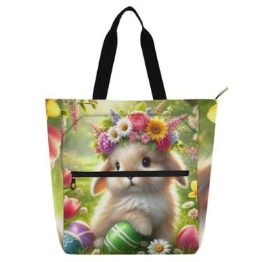Imagem de Bolsa tote com coroa de flores de coelhinho da primavera para crianças e mulheres com zíper, estampa floral, escola, trabalho, viagens