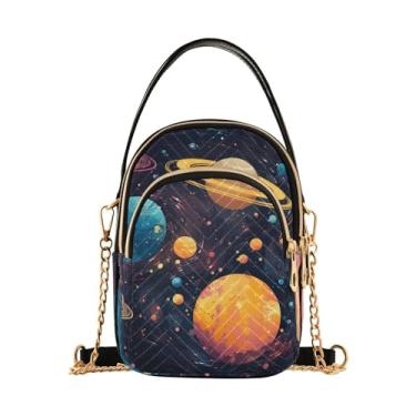 Imagem de Bolsa tiracolo feminina com borda floral aquarela, bolsa transversal com alça de corrente, transversal para mulheres na moda, Planeta do sistema solar com rosa e azul, One Size
