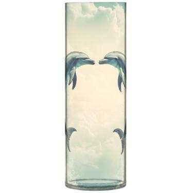Imagem de Vaso cilíndrico vaso de flores golfinhos animal marinho grande vaso de plástico bonito personalizado moderno decoração de sala de estar, 30 cm x 9,9 cm