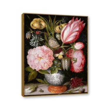 Imagem de NHLDZYH Moldura de madeira de teca. Flores clássicas Natureza Morta Tela Retrô Buquê de Flores Pintura Estilo Country Decoração de Parede para Cozinha e Sala de estar. B50. 30 x 40 cm