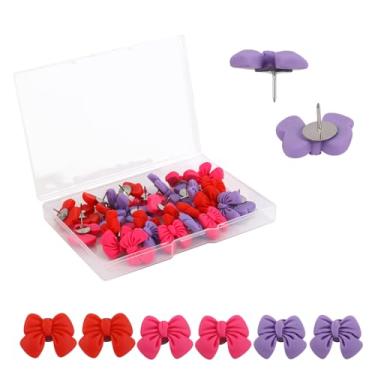 Imagem de 30 Tachinhas Decorativas em Formato de Laço, Tachinhas de Plástico Adoráveis Laço para Decoração Murais Cortiça Ideais para Escolas Escritórios e Residências (Roxo, Rosa, Vermelho)