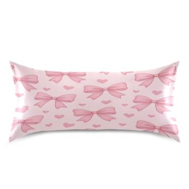 Imagem de Blueangle Fronha de cetim refrescante para cabelo e pele, capa de travesseiro de dia dos namorados com laços rosa, tamanho king 50,8 x 101,6 cm com fecho de envelope (120)