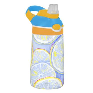 Imagem de Garrafa de água esportiva infantil de 473 ml com tampa de palha, garrafa de água Tritan reutilizável de 473 ml, copo infantil portátil à prova de vazamento, alça de transporte, lindos limões azuis e