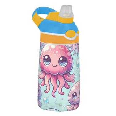 Imagem de Garrafa de água infantil azul água-viva rosa fofa 473 ml Tritan garrafa de água esportiva portátil com tampa de canudo 473 ml copo infantil à prova de vazamento, reutilizável, alça de transporte