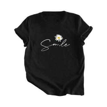 Imagem de Camiseta Feminina De Verão Com Estampa Floral E Letras, Gola Redonda, 