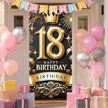Imagem de HOMETITUTE Capa de porta de aniversário de 18 anos 188 x 89 cm, faixa de porta dourada preta para decorações de festa, coroa, sinal de feliz aniversário, balão com glitter, pano de fundo de fogos de