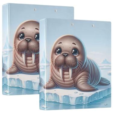 Imagem de Fichário fofo com três anéis com estampa de animal de morsa de 3 cm, 200 folhas, para prancheta, anel redondo fofo, fichário resistente, pacote com 2