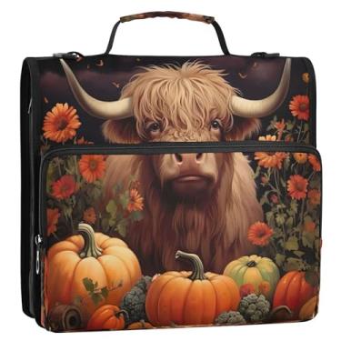 Imagem de Fichário organizador de 3 anéis laranja vaca abóbora outono 3,8 cm D anel zíper fichário com alça de ombro para carteira escolar, suporte para 500 folhas