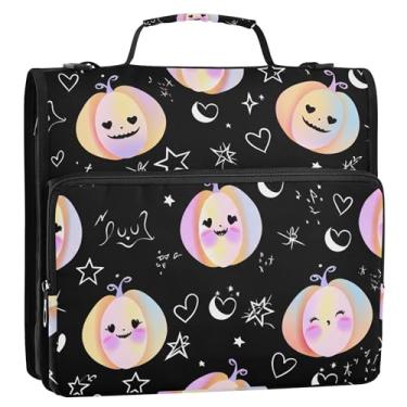 Imagem de Abóboras coloridas fofas pretas 3 argolas para fichários resistentes com zíper bolsa de fichário para ensino médio com alça para portfólio de negócios e estojo para pasta de anel
