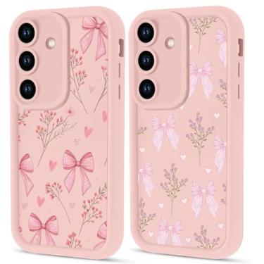 Imagem de Zrutru Pacote com 2 capas de telefone com flores de laço para Samsung Galaxy A14 5G 6,6 polegadas, capas femininas florais fofas com fita de laço capa estética de verão, capa protetora macia rosa à