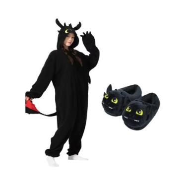 Imagem de Macacão Kigurumi Dragão Sem Dentes Preto Para Adultos E Crianças, Fant