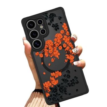 Imagem de OOK Capa para Samsung Galaxy S25 Ultra de 6,9 polegadas (compatível com carregamento sem fio) capa de telefone translúcida com flores florais laranja TPU macio + capa magnética de policarbonato rígido