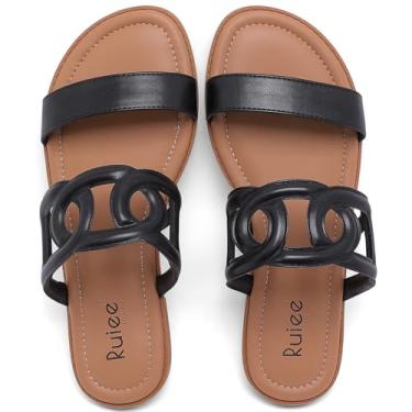 Imagem de Ruiee Sandálias rasteiras femininas de largura larga, sandálias de verão casuais de pés largos, sandálias deslizantes com tira confortável, sapatos de praia abertos para mulheres., Preto PU 8007, 12.5