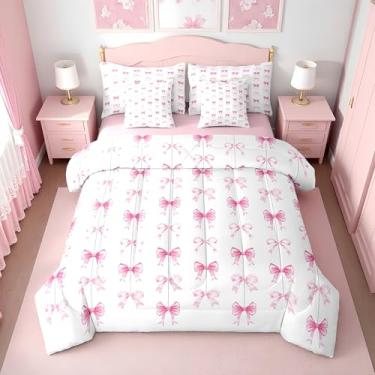 Imagem de Erosebridal Conjunto de edredom Queen com laço rosa para meninas | Jogo de cama de 7 peças com laço de fita rosa fofo em uma bolsa, lençol de cima com elástico kawaii com laço