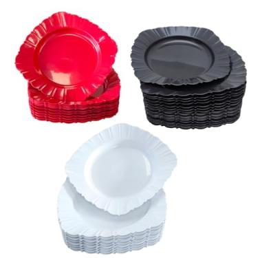 Imagem de Pratos Plástico Quadrado Resistente, Leve, Reutilizável, 23 cm x3 cm para Festas, Churrasco e Refeições Familiares, Leve para Transporte(Misto Vermelho+Preto+Branco)