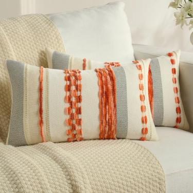 Imagem de FUTEI Capas de almofada boho cor laranja coral 30,5 x 50,8 cm, conjunto de 2, fronhas modernas com detalhes listrados texturizados, travesseiros de fazenda para sofá-cama