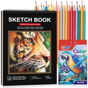 Imagem de Kit de caderno de desenho, caderno de esboço com 36 lápis de cor, bloco de desenho preto de três cores, bloco de desenho sem ácido para artista, materiais de pintura de papel de arte para presentes (9
