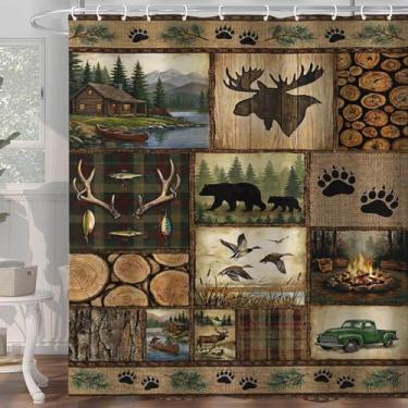 Imagem de Cortina de chuveiro rústica para cabine, vintage urso, veado, antiguidade, alojamento de lago e folha de bordo, decoração de casa de campo, conjunto de acessórios de banheiro à prova d'água, 182 x 182