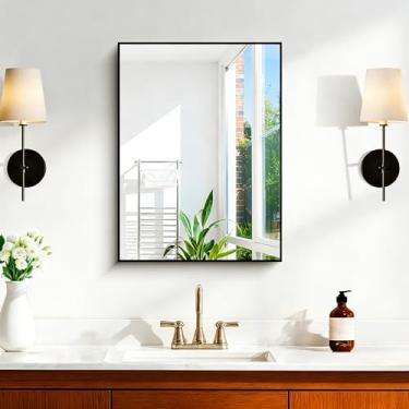 Imagem de KOCUUY Espelho de banheiro preto, espelho retangular de 61 x 45 cm para pia, espelho de parede decorativo moderno para quarto, sala de estar, banheiro, pendurar horizontal/vertical