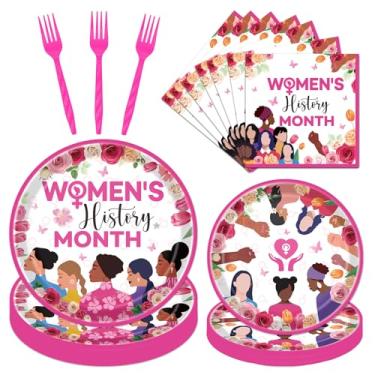 Imagem de Deorfuy Utensílios de mesa para decoração do mês da história feminina, 96 peças, pratos de papel descartáveis, guardanapos, decoração de festa, dia internacional da mulher, suprimentos de decoração de