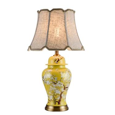 Imagem de Abajur de mesa de cerâmica pintado à mão, ideal para cabeceira, quarto ou mesa de apoio. Design criativo com flores e pássaros. Luminária em formato de jarro de gengibre, estilo meados do sé