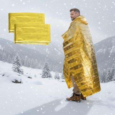 Imagem de Cobertor térmico de emergência, 2 peças, cobertor espacial de filme de alumínio refletivo para acampamento, caminhada, equipamento de sobrevivência, folha de isolamento dobrável leve dourado (210
