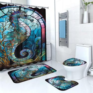 Imagem de Conjunto de cortinas de chuveiro Stained Glass Seahorse Bathroom Decor