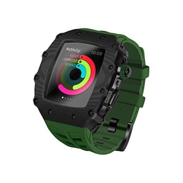 Imagem de BKUANE Para Apple Watch Case 44mm 45mm Capa de Fibra de Carbono com Pulseira para iWatch Series 7/6/5/4/SE 44 45 Capa de Vidro de Tela (Cor: Verde, Tamanho: 45mm Para 7)