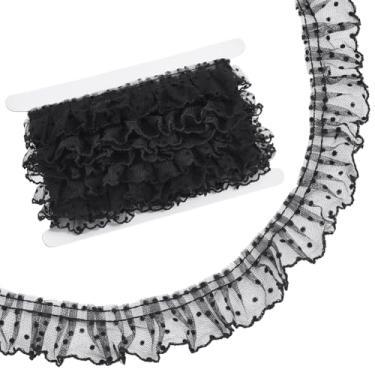 Imagem de PH PandaHall Acabamento de babados de renda com pontos de 10,94 metros, fita de gaze preta, borda plissada, acabamento de franja, fita de costura de 4 cm, enfeites para roupas, costura, artesanato