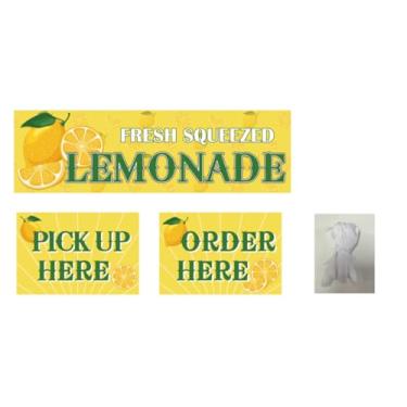 Imagem de JarThenaAMCS Banner de limonada espremida fresca de 9,5 cm x 3,5 m com placas de pedido aqui e pegue aqui, suporte de limonada de verão, placas publicitárias, para decoração de negócios ao ar livre