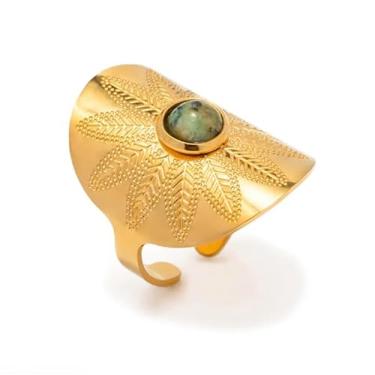 Imagem de Anéis Largos Dourado Com Zircônia Em Aço Com Pedra Turquesa Aço inoxidável (hipoalergênico e à prova d'água)
