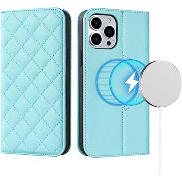 Imagem de MURVE Capa carteira para iPhone 14/14 Plus/14 Pro/14 Pro Max, capa de telefone magnética flip de couro com porta-cartões, bloqueio RFID, cobertura total 360 (cor: azul, tamanho: 14 6,1")