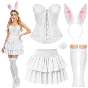 Imagem de Maiteenly 5 peças de fantasia de gato de Halloween para fantasia de gato adulto espartilho top saia cauda orelhas meias altas roupas para mulheres, Branco, rosa, M