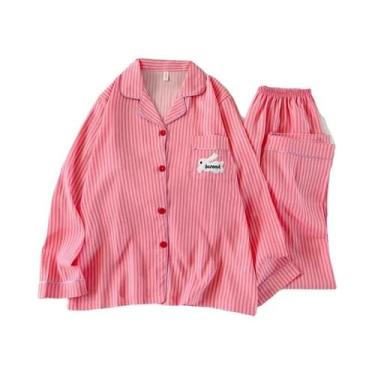 Imagem de Conjunto De Pijamas Femininos Com Estampa De Coelho Listrada E Bordado