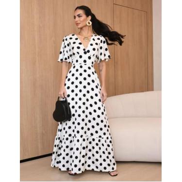 Imagem de Vestido Longo Feminino Soltinho Manga Curta Póa Bolinhas Moda Casual E