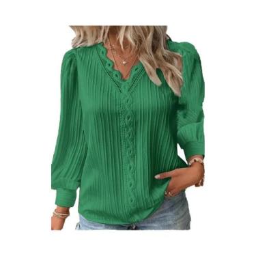 Imagem de Blusa Feminina Elegante Com Decote Em V, Manga Longa, Detalhes Em Rend