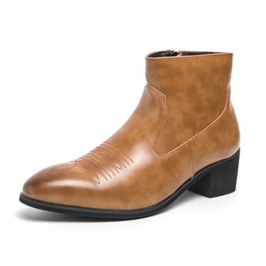 Imagem de Botas masculinas clássicas retrô de salto alto bordadas Chelsea botas modernas de cavaleiro de bico fino, Marrom, 42 BR