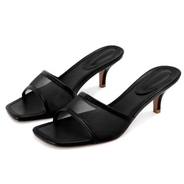Imagem de Dsevht Sandálias pretas de salto agulha salto baixo sem cadarço, sandália mula, quadrada, bico aberto, sapato social feminino, Malha preta, 35