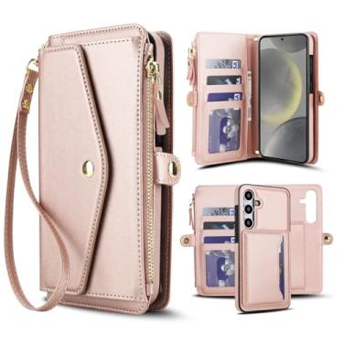 Imagem de Capa carteira para Samsung Galaxy S25, capa flip magnética destacável com compartimentos para cartões, bloqueio RFID, suporte e alça de pulso, capa protetora para celular (ouro rosa)