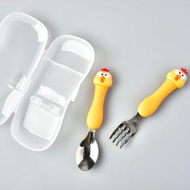 Imagem de Naroote Colher Garfo para bebê Conjunto de Aço Inoxidável Durável para Treinamento de Alimentação de Crianças, para Uso Doméstico ou Em Viagens (Frango Gritando 【amarelo】)